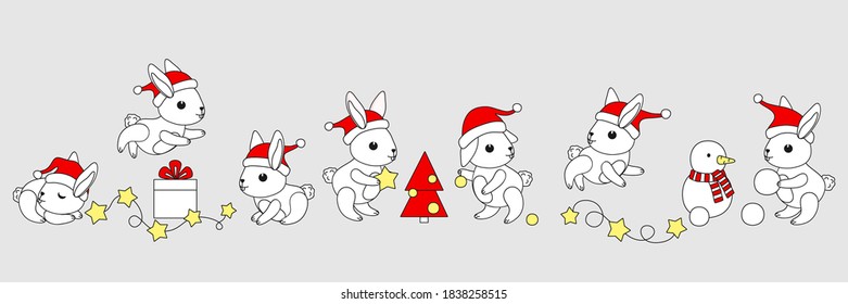 Big set of cute babies bunnies in red Santa's hat.  Inscription "Merry Christmas". Greeting card, vector banner