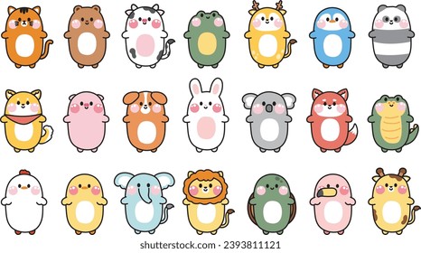 Big set of cute baby animals long body character cartoon design.Zoo collection.Wild,reptile,rodent,pet,farm animal.Kid graphic.Kawaii.Vector.Illustration.