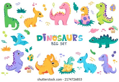 Big Set of cute baby dinosaurs. Hand drawn brontosaurus, tyrannosaurus, and triceratops for birthday greeting cards, baby shower invitations, posters. Vector cartoon colorful illustration