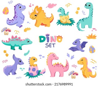 Big Set of cute baby dinosaurs. Hand drawn brontosaurus, tyrannosaurus, and triceratops for birthday greeting cards, baby shower invitations, posters. Vector cartoon colorful illustration