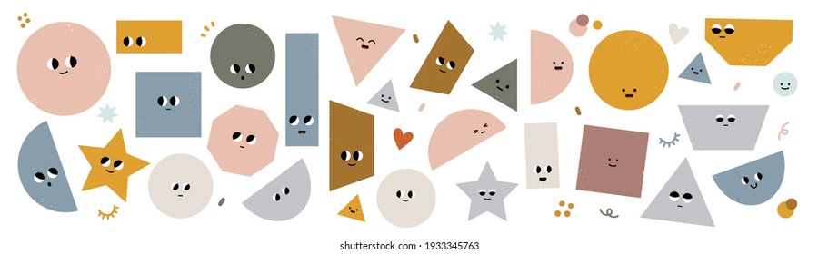 Big set cute basic Geometric Figures with face emotions. Funny characters with hand drawn texture. Trendy vector illustration for kids. 