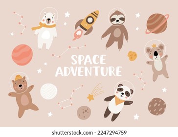 Big set of cute bear astronauts in space, with planets, stars, rocket and constellation. Hand drawn vector illustration. Scandinavian style flat design. Brown, polar and panda bear, sloth and koala.
