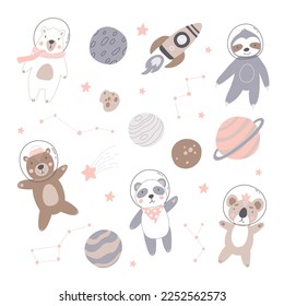 Big set of cute bear astronauts in space, with planets, stars, rocket and constellation. Hand drawn vector illustration. Scandinavian style flat design. Brown, polar and panda bear, sloth and koala.