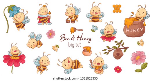 Big set of cute bee, flowers and hunny isolate on a white background. Vector object in cartoon sketch style.
