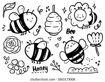 Big set of cute bees and flower doodle collection set