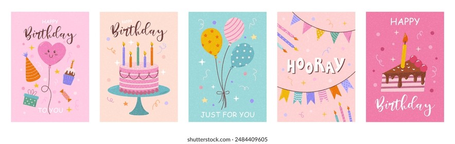 Big set of cute birthday cards design with cake, balloons and party decorations. Vector templates great for poster, Invitations, banner and flyer