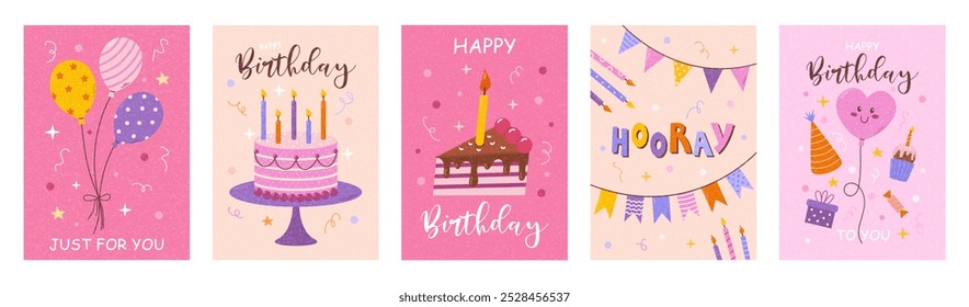 Big set of cute birthday cards design with cake, balloons and party decorations. Vector templates great for poster, Invitations, banner and flyer