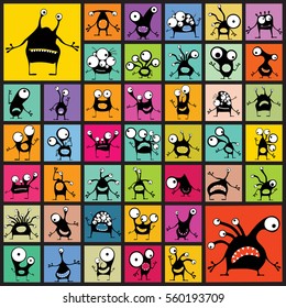 Big set of cute black monsters with emotions on different color backgrounds, cartoon illustration