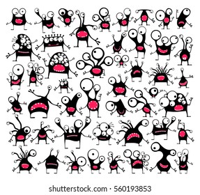 Big set of cute black monsters with different emotions isolated on white, cartoon illustration