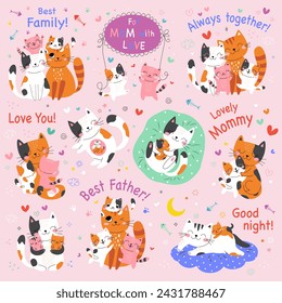 Big set. Cute card with family cats. Best family. Vector illustration. pink background