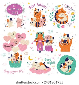 Big set. Cute card with family cats. Best family ever. Vector illustration. white background