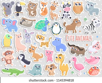 Big Set Of Cute Cartoon Animal Stickers  Vector Illustration. Flat Design.