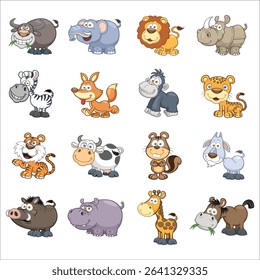 Big set of cute cartoon animal stickers. Zoo collection.Set of cute animals cartoon character design. lion,fox,tiger,cow,pig,gorrila,zebra,elephant,squirrel,giraffe.Art.Kid graphic.Isolated.Sticker.24