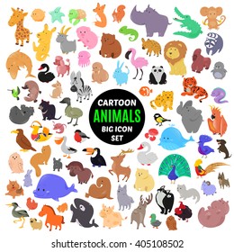 Big set of cute cartoon animal icons isolated on white background. Vector illustration. Child fun pattern sticker. Kids collection. Wild safari fauna design. Sea and bird characters. Funny symbols.