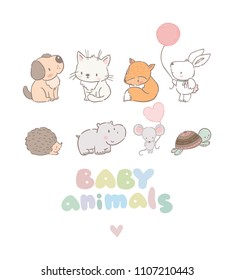 Big set with cute cartoon animals for logo and cards