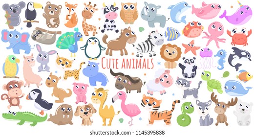 Big set of cute cartoon animals vector illustration. Flat design.