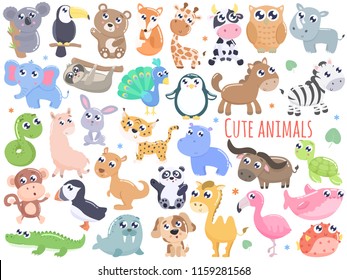 Big set of cute cartoon animals  vector illustration. Flat design.