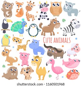 Big set of cute cartoon animals  vector illustration. Flat design.