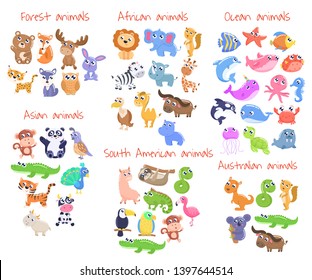 Big set of cute cartoon animals. Forest, ocean, australian, asian, south american, african animals. vector flat illustration.