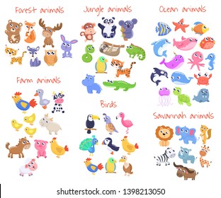 Big set of cute cartoon animals. Ocean, jungle, farm, forest, savannah animals, birds. Vector flat illustration.