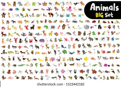 Big set of cute cartoon animals from different place such as forest, farm, ocean. Vector illustration on white background.