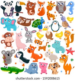 Big set of cute cartoon animals. Vector illustration.