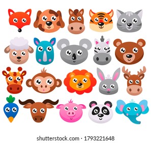 Big set of cute cartoon animals. Vector flat illustration.