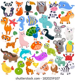 Big set of cute cartoon animals. Vector illustration.