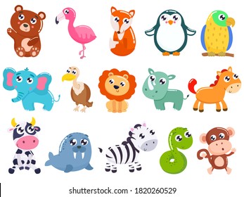 Big set of cute cartoon animals. Vector illustration.