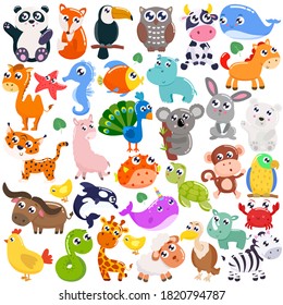 Gran grupo de lindos animales de dibujos animados. Ilustración vectorial.