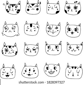Big set of cute cartoon animals.  Cats and different emotions.  Children's illustration.  Coloring book, stickers.  Black and white on a white background.  Vector graphics. Hand Rome, Flat, Doodle. 