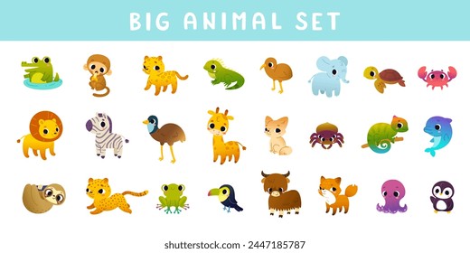 Big set of cute cartoon animals. Vector collection of adorable wild baby animals. Funny mammals bundle.