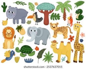 Big set with cute cartoon animals with face. Summer children's illustration with palm trees, tropical theme and animals giraffe, hippopotamus, cockatoo, lion and others.