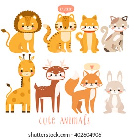 big set of cute cartoon animals. Illustration of cute lion, tiger, giraffe, dog, cat, deer, bunny and fox. Can be used like stickers or for birthday cards and party invitations