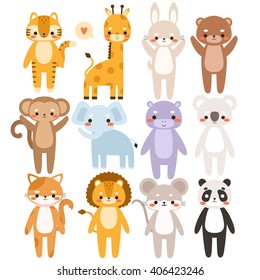 big set of cute cartoon animals. Illustration of cute tiger, giraffe, bunny, bear, monkey, elephant, koala, cat, lion, mouse, panda. Can be used like stickers, for birthday cards and party invitations