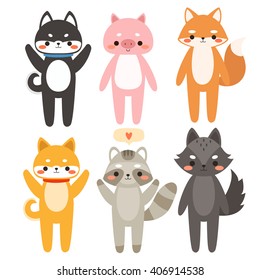 big set of cute cartoon animals. Illustration of cute dog, piggy, fox, raccoon and wolf. Can be used like stickers, for birthday cards and party invitations