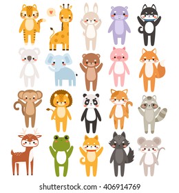 big set of cute cartoon animals on white background. Can be used like stickers, for birthday cards and party invitations