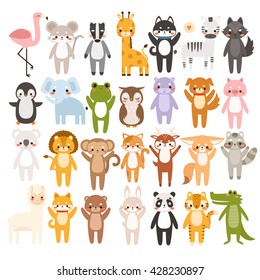 big set of cute cartoon animals on white background. Can be used like stickers, for birthday cards and party invitations