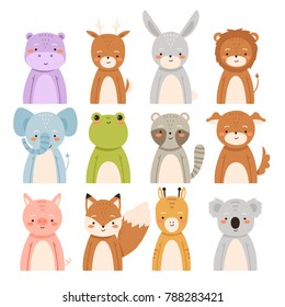 big set of cute cartoon animals on white background. cute hippo, deer, bunny, lion, elephant, grog, raccoon, puppy, pig, fox, giraffe and koala bear