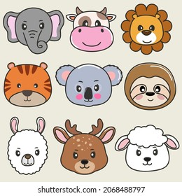 Big set cute cartoon baby animals faces. Graphic element collection for kids, greeting card, cover, sticker, patch, phone case, poster and t-shirt. Vector illustration.