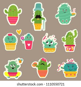Big set of cute cartoon cacti stickers.