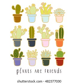 big set of cute cartoon cactus and succulents in pots on white background. can be used like pin template or stickers, or for cards and birthday invitations