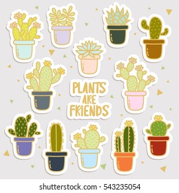 big set of cute cartoon cactus and succulents stickers. cute stickers or patches or pins collection. plants are friends set