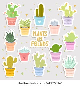 big set of cute cartoon cactus and succulents stickers. cute stickers or patches or pins collection. plants are friends set