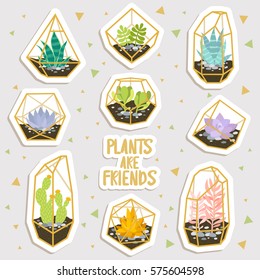 big set of cute cartoon cactus and succulents in geometric terrariums stickers. cute stickers or patches or pins collection. plants are friends set