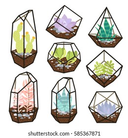 big set of cute cartoon cactus and succulents in geometric terrariums stickers. cute stickers or patches or pins collection. plants are friends set