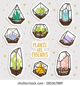 big set of cute cartoon cactus and succulents in geometric terrariums stickers. cute stickers or patches or pins collection. plants are friends set