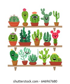 Big set of cute cartoon cactus and succulents with funny faces. Smile faces succulent plants in flowerpots on shelves. Character design cartoon style vector illustration