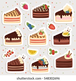 big set of cute cartoon cakes stickers. cute stickers, patches or pins collection. cute cakes stickers set