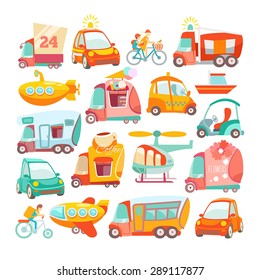 Big set of cute cartoon cars for kids design. Vector illustration for wrapping, package,wallpaper, poster, web design. Set of design elements containing various cartoon cars, boats, bus, helicopter